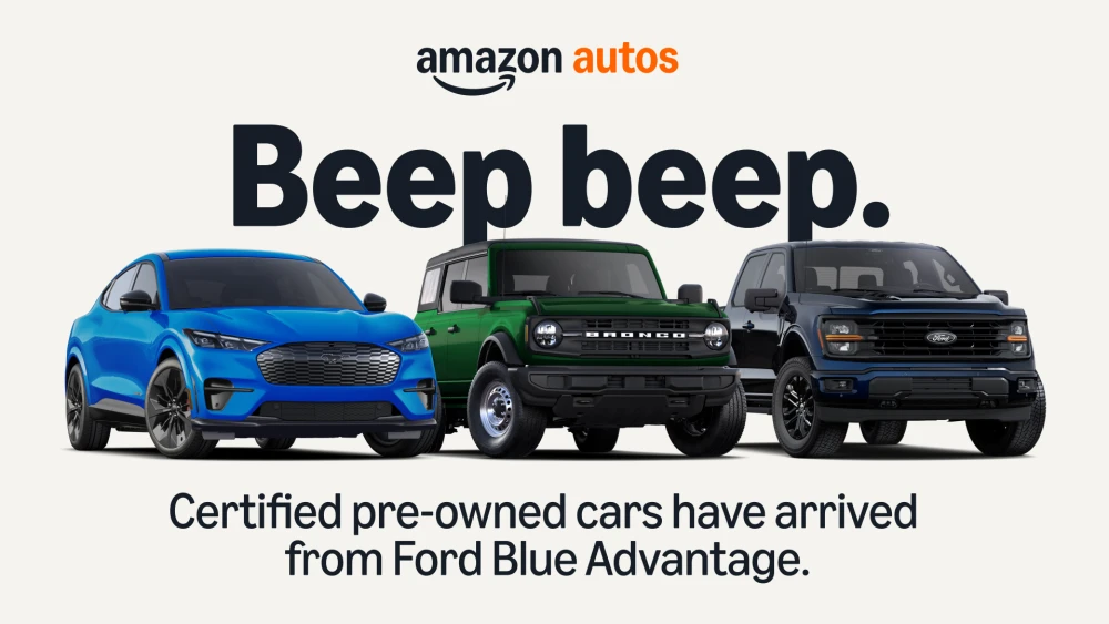 amazon autos logo with three pre-owned vehicles shown